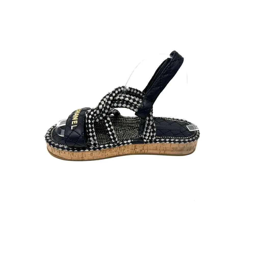 Chanel Cord Sandals Black White Quilted Lambskin Leather CC Logo Flats 6.5